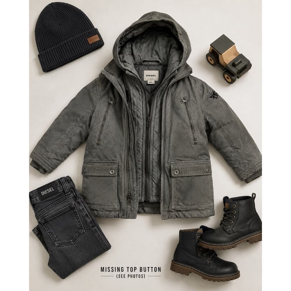 DIESEL Boys Utility Hooded Convertible Jacket Coat  Gray Distressed Layered Moto